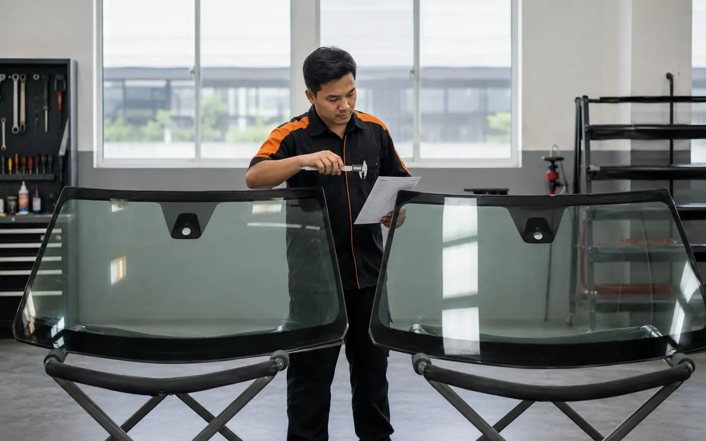 Perbandingan dua kaca depan mobil di workshop