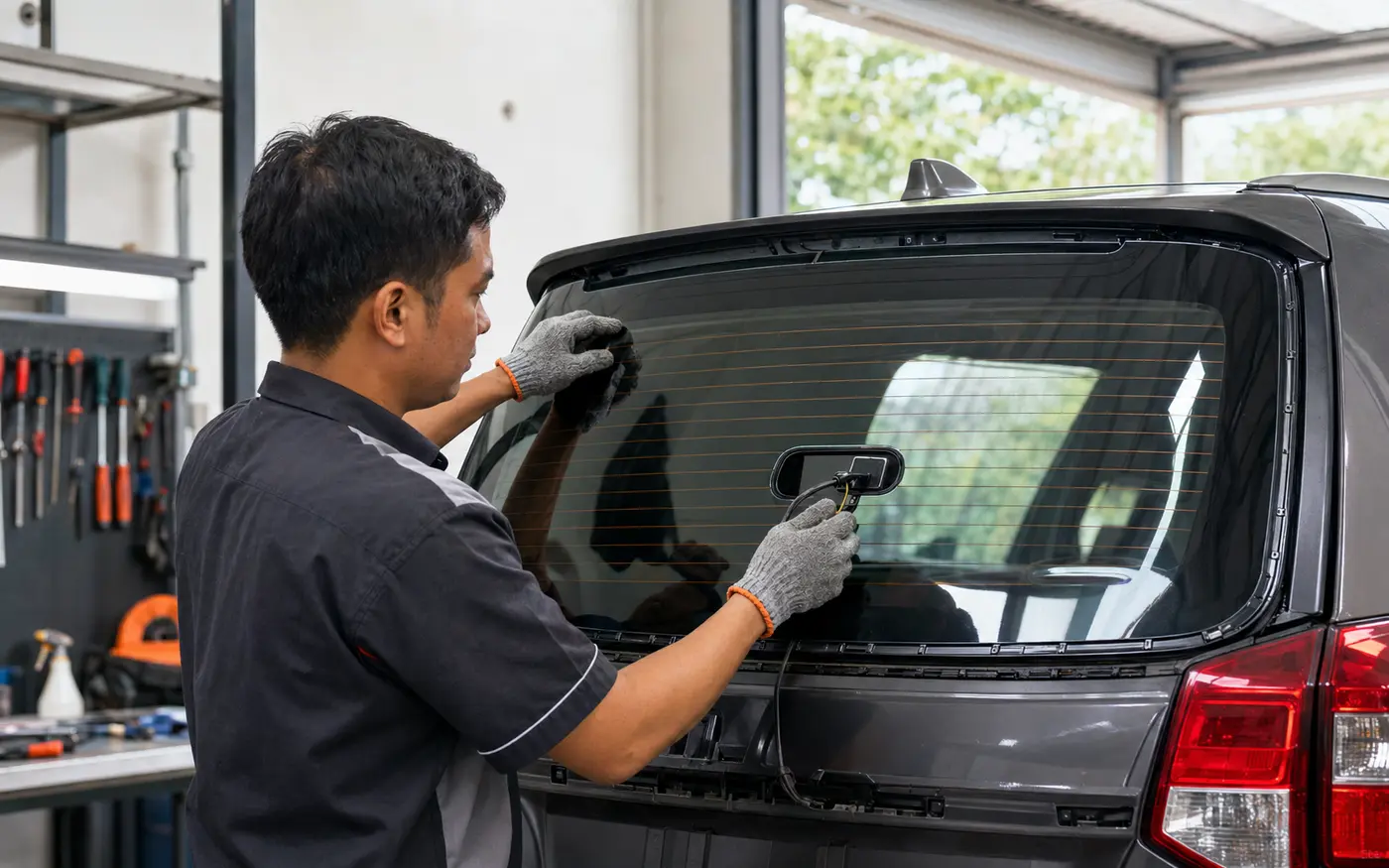 Pemasangan kaca belakang mobil dengan jalur defogger