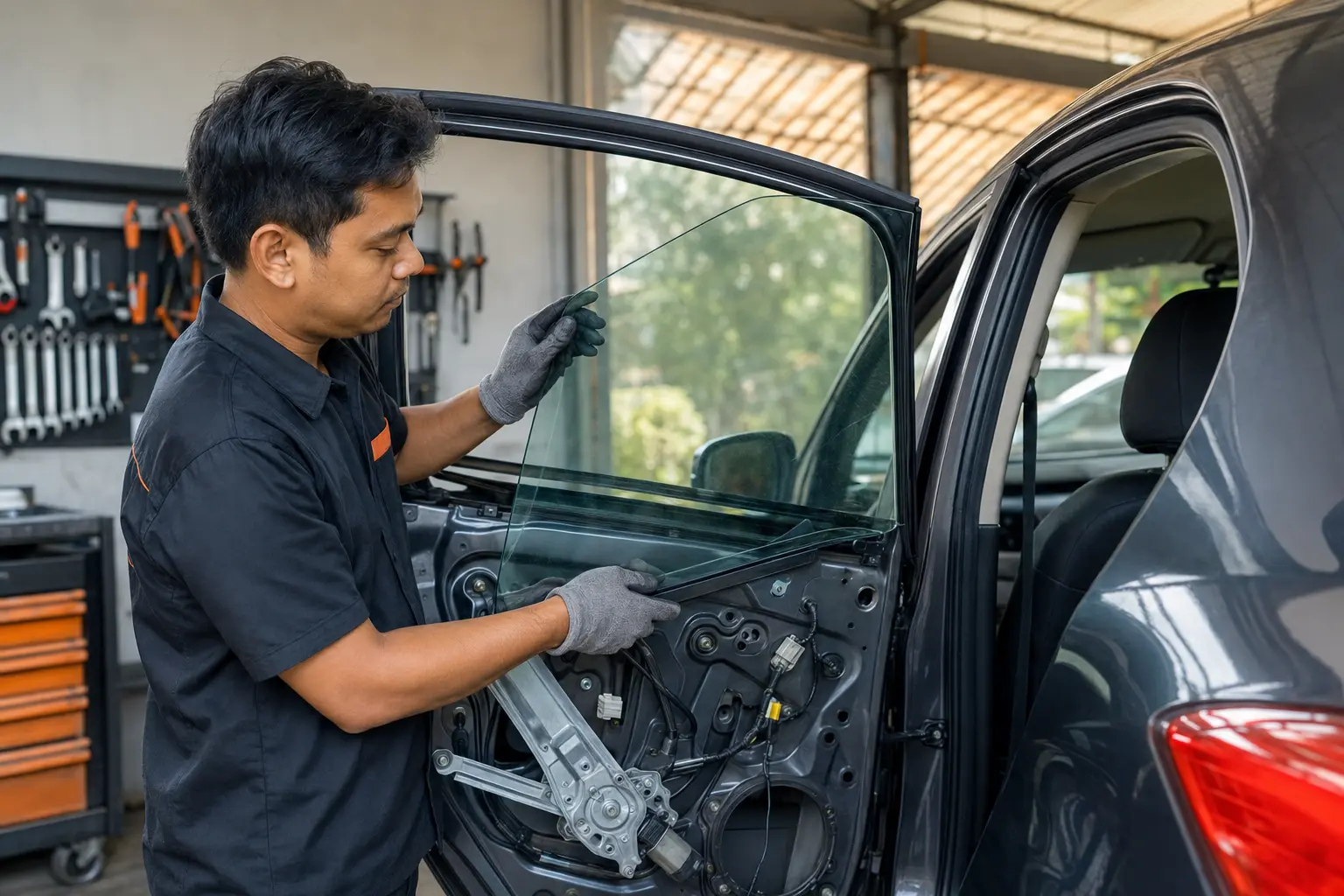 Teknisi mengerjakan layanan kaca samping mobil