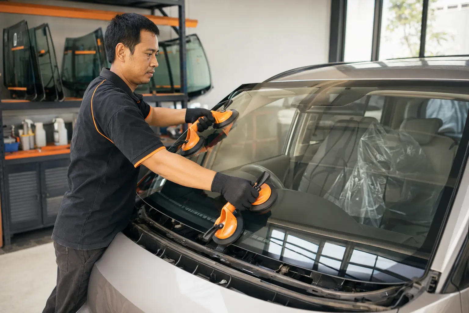 Pemasangan kaca depan mobil dengan alat pengangkat profesional